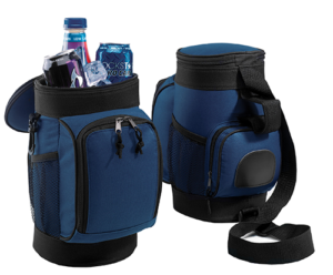 Navy cooler bag open and closed