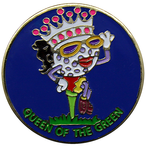 Queen of the Green Themed Golf Ball Marker. Blue Background