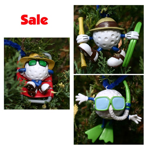 Beach, Lost, & Wet golf ball Christmas tree ornaments