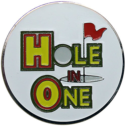 Hole in One Golf Ball Marker. White With Yellow, Green and Red Lettering
