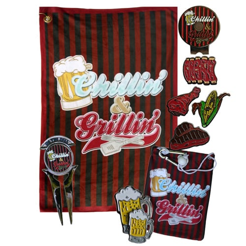 Chillin' & Grillin' fleece towel, microfiber tee bag, golf tees, ball markers, hat clip, divot tool bundle