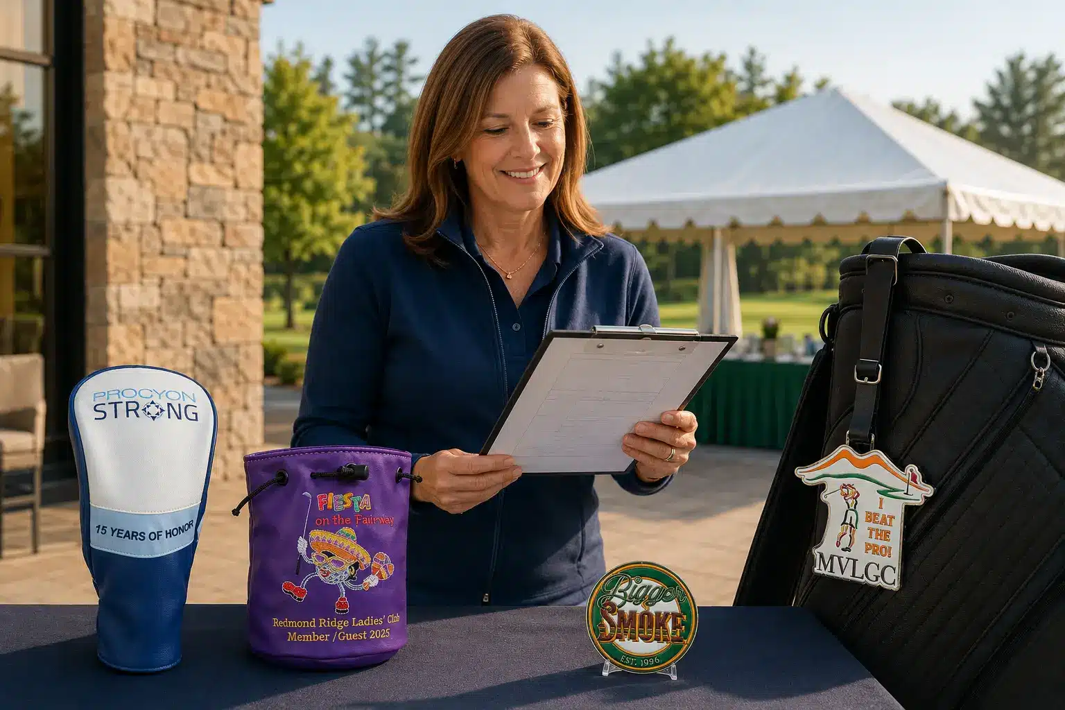 Golf tournament organizers reviewing custom golf accessories and a free design proof