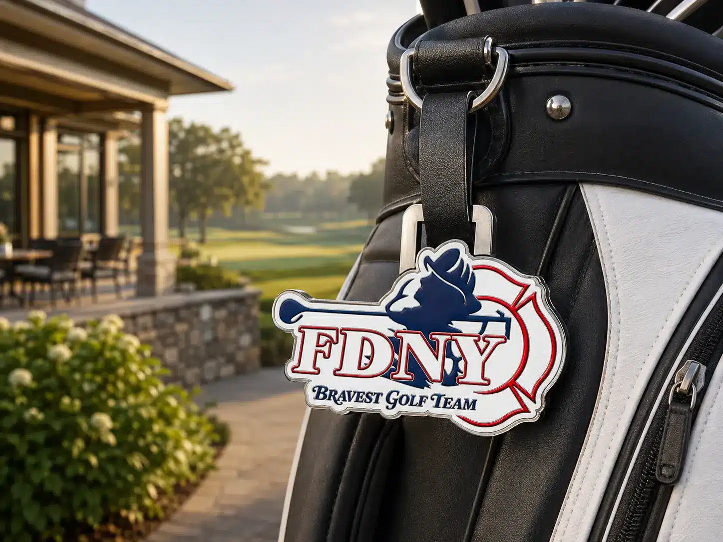 Custom shaped metal golf bag tags with leather straps