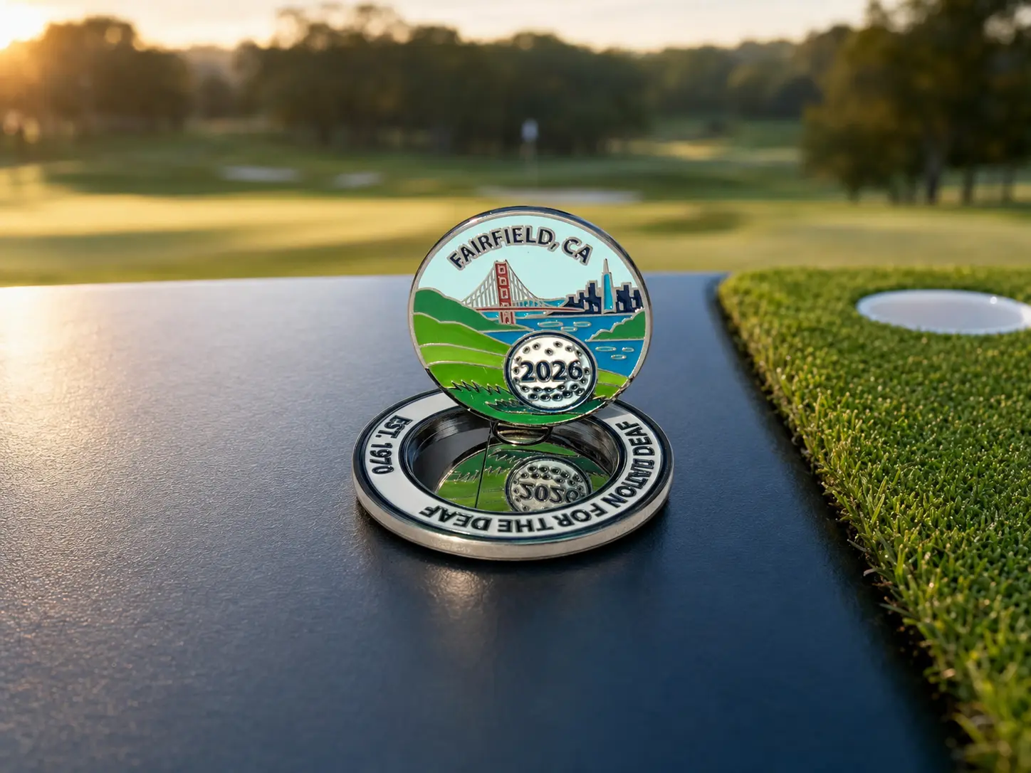Custom metal golf ball markers showing multiple marker styles