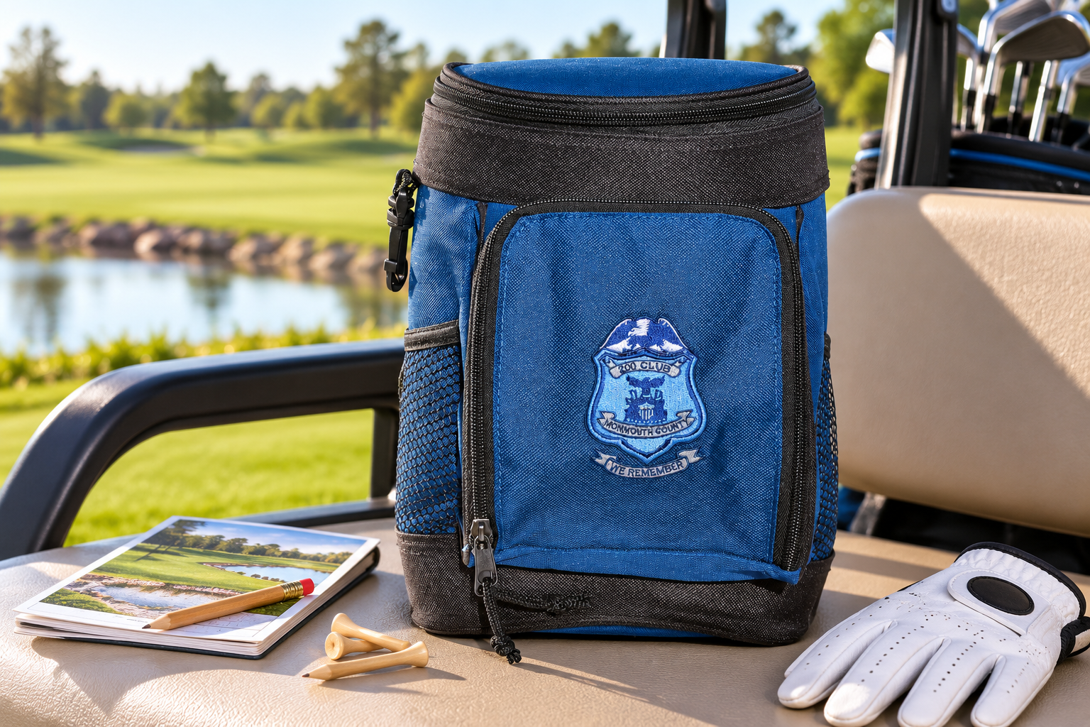Custom blue golf cooler caddy displayed upright on a golf cart with a scorecard, tees and golf glove