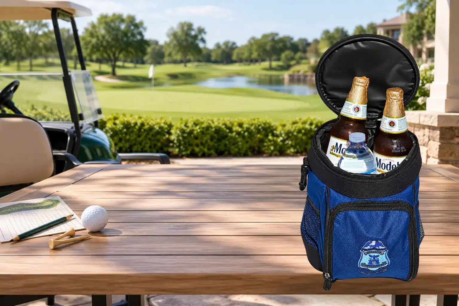 Open custom golf cooler caddy holding beverages beside a golf scorecard and tees